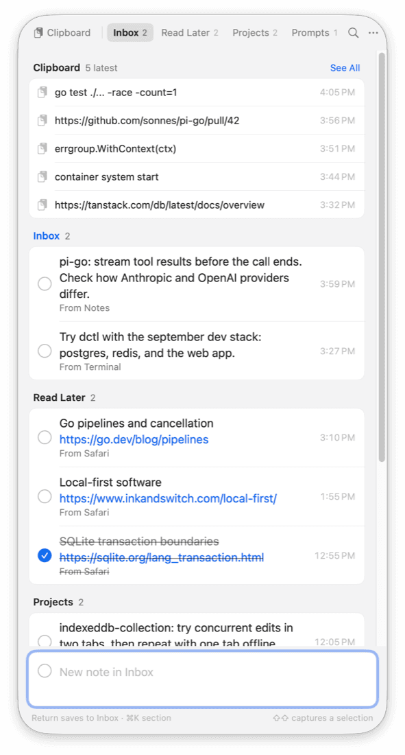 The Piper notes panel with clipboard texts, Inbox notes, and Read Later links