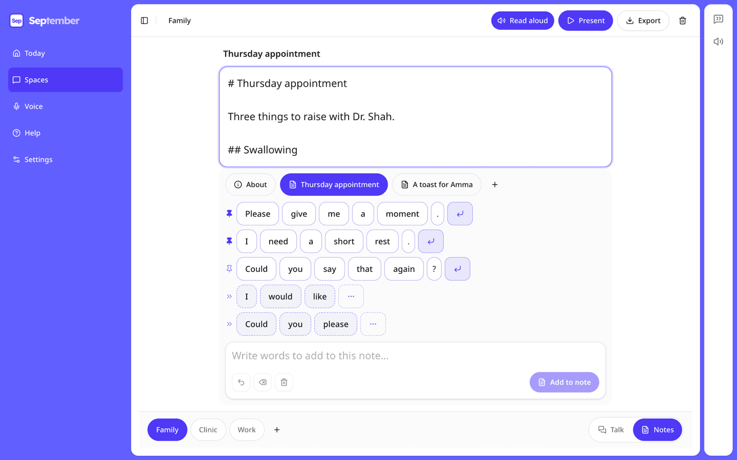 A note named Thursday appointment in the note editor, with Read aloud, Present, and Export buttons above the text
