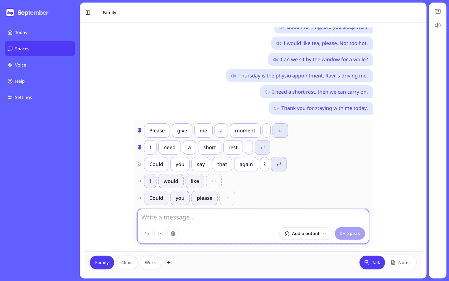 The Talk screen of a space named Family, with spoken messages above pinned phrases, suggested words, and a composer with a Speak button