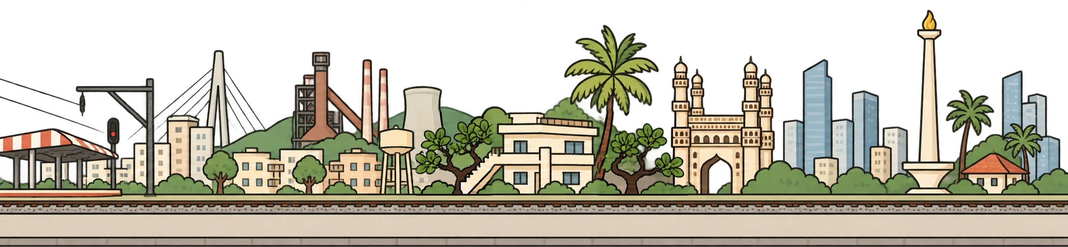 A doodle skyline of Bombay, the Vizag steel plant, my grandparents’ house in Pedana, the Charminar in Hyderabad and Monas in Jakarta, with a local train, traffic and boats.